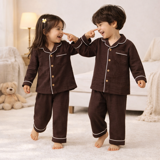 Unisex Crinkle Muslin Night Suit - Hot Chocolate