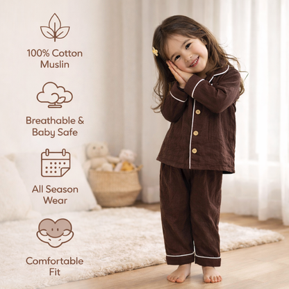 Unisex Crinkle Muslin Night Suit - Hot Chocolate
