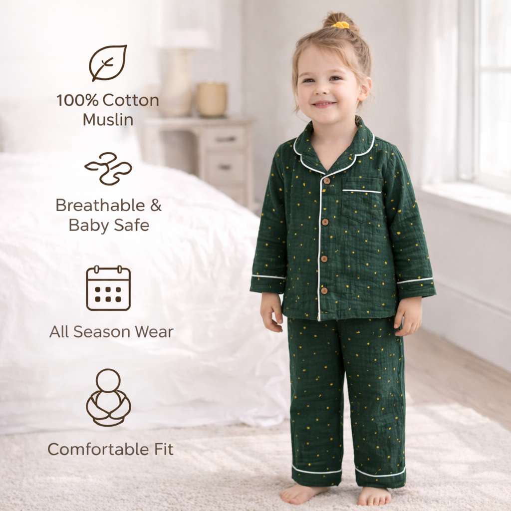 Unisex Crinkle Muslin Night Suit - Hunter Green