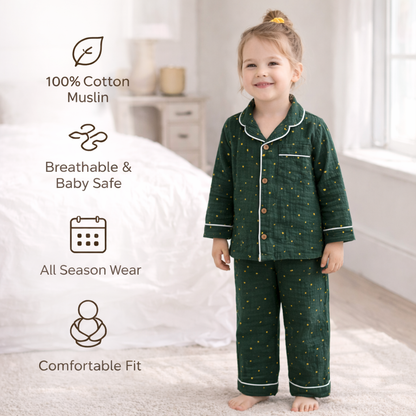 Unisex Crinkle Muslin Night Suit - Hunter Green