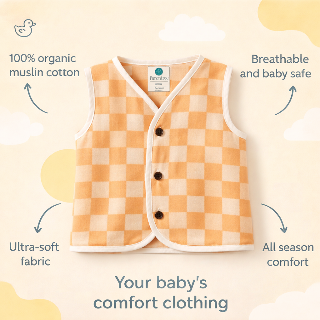 Unisex Organic Muslin Sleeveless Jabla - Peach Gingham