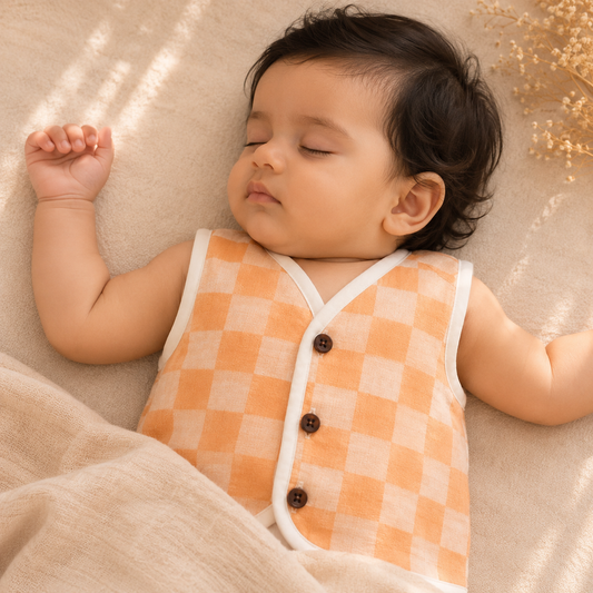Unisex Organic Muslin Sleeveless Jabla - Peach Gingham