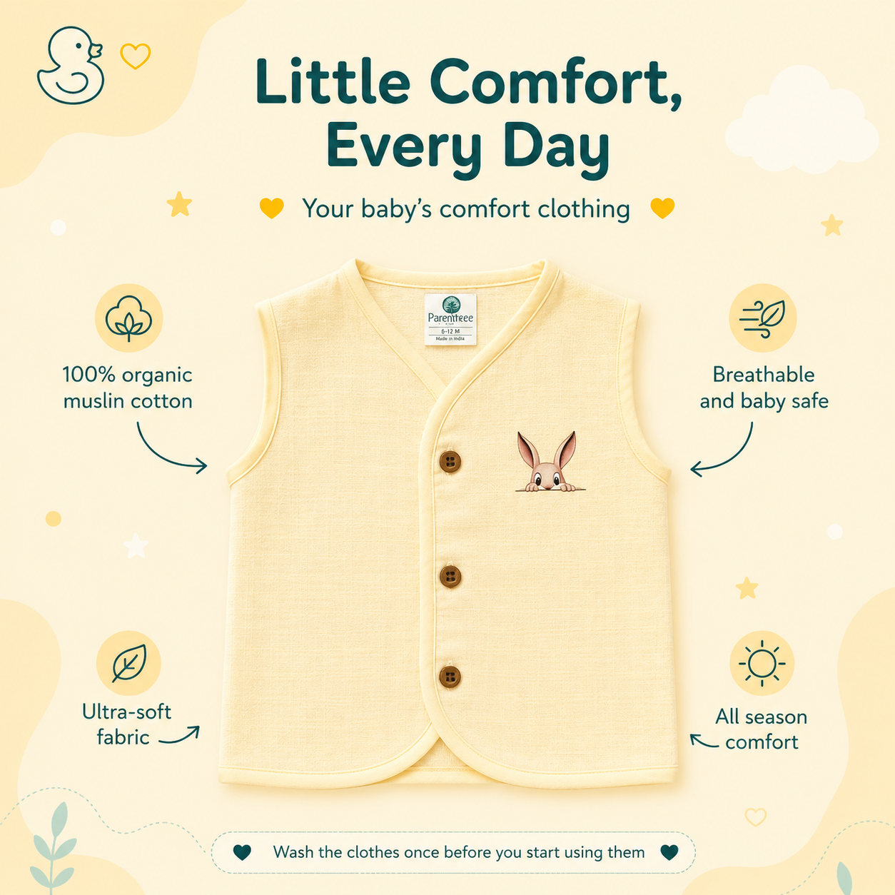 Organic Muslin unisex Sleeveless Jabla - Lemon Bunny