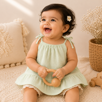Baby Girl Organic Muslin Knot Frock Jabla - Green