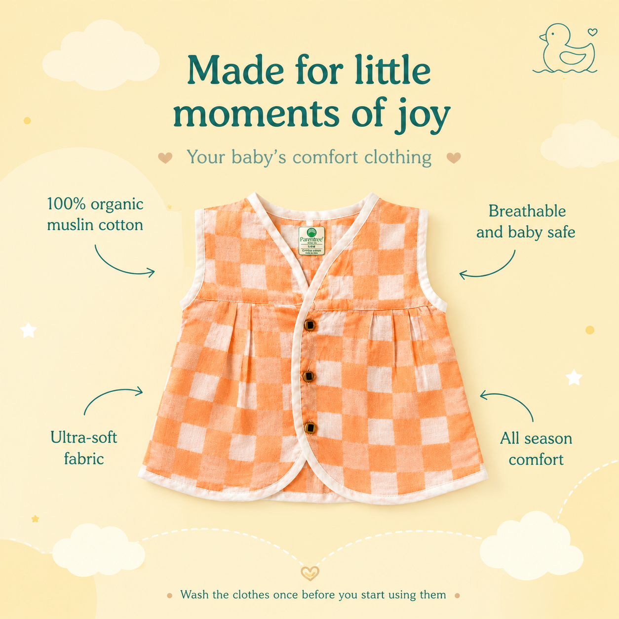Baby Girl Organic Muslin Frill Jabla - Peach Gingham