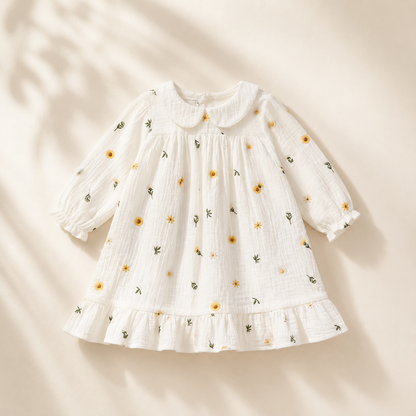 Embroidery Muslin Frock - Sunlit Daisy