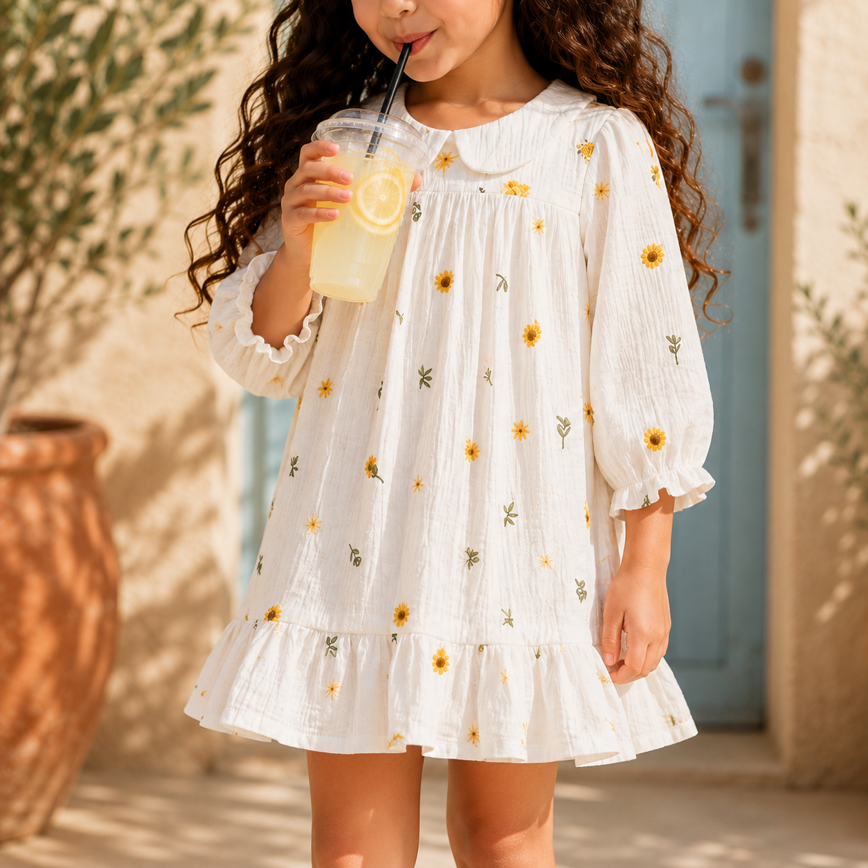 Embroidery Muslin Frock - Sunlit Daisy