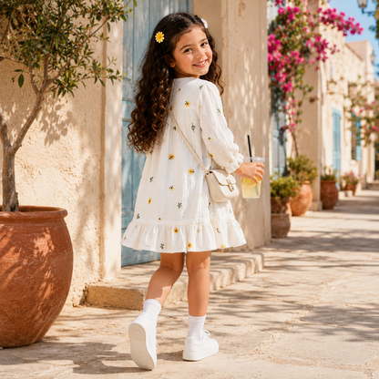 Embroidery Muslin Frock - Sunlit Daisy
