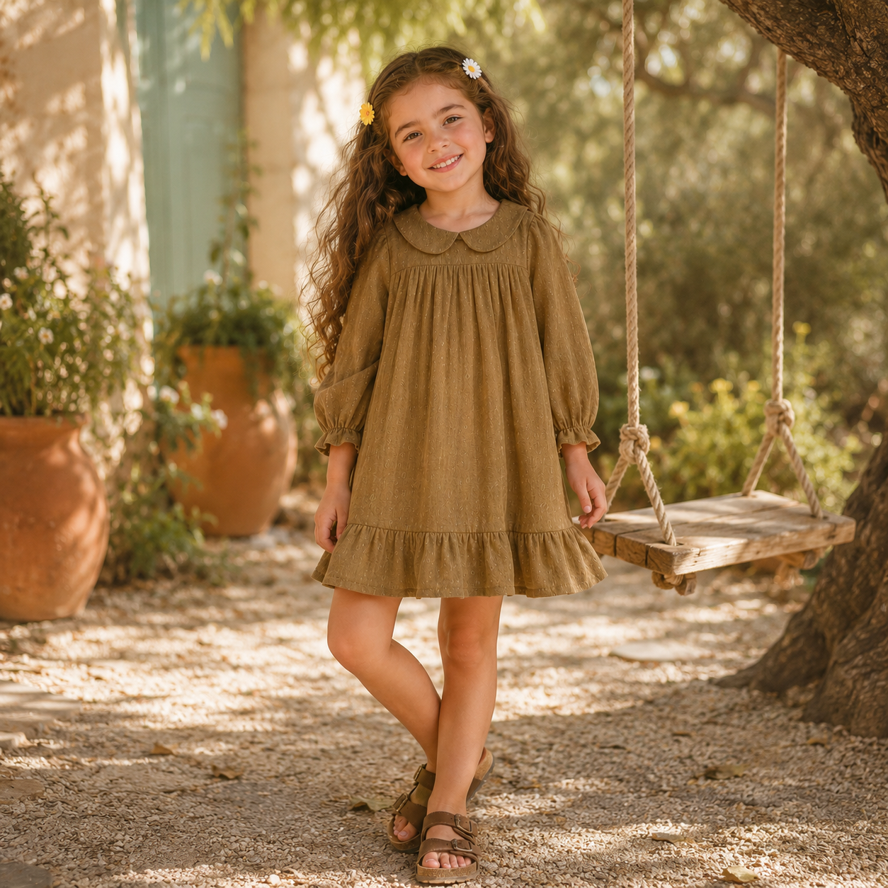 Crinkle Muslin Frock - Olive Dobby