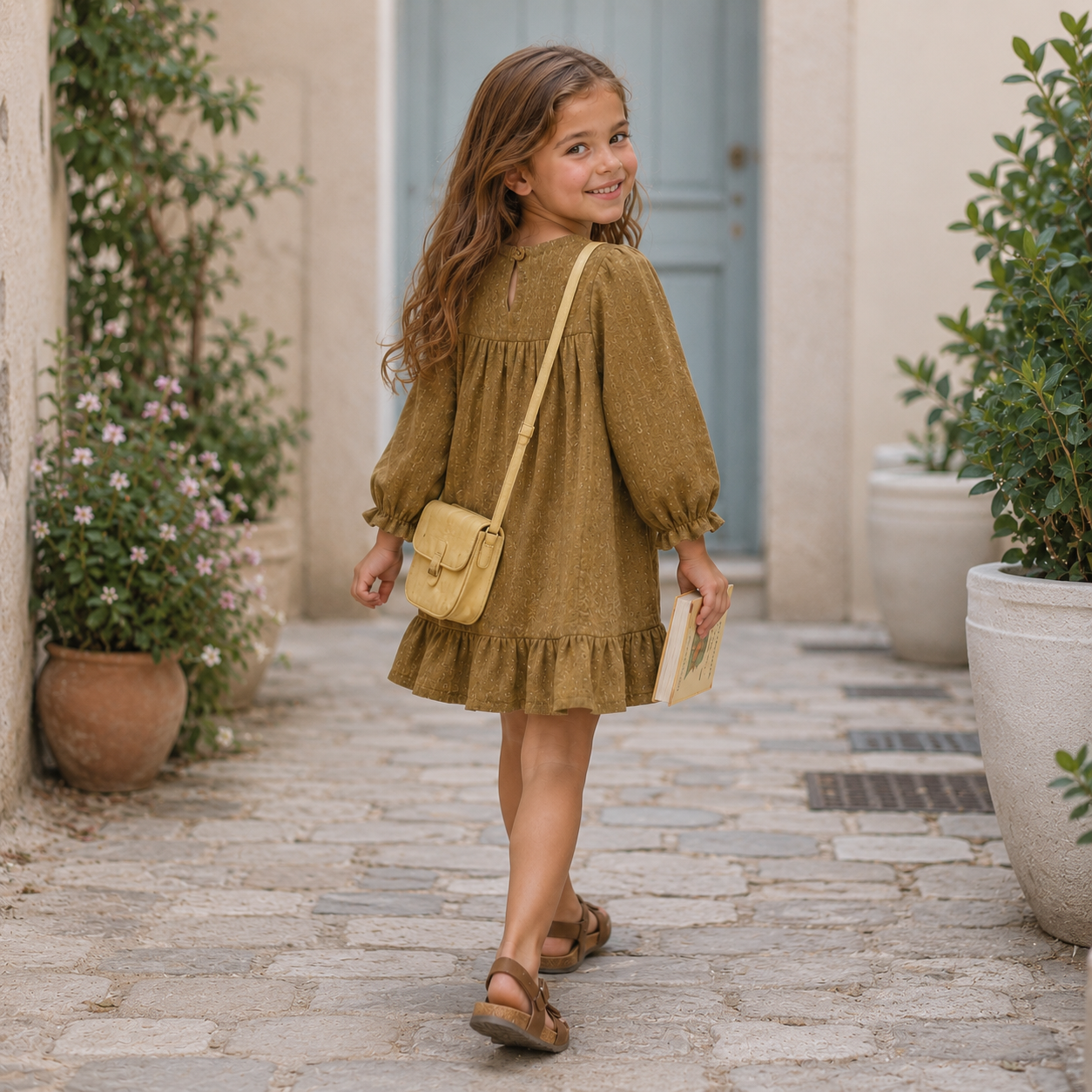Crinkle Muslin Frock - Olive Dobby