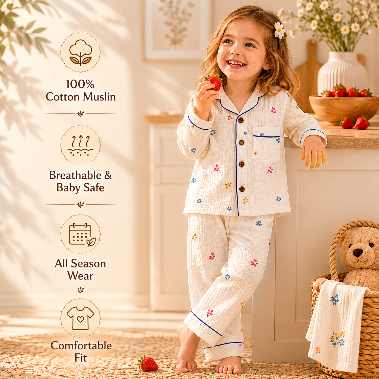Unisex Crinkle Muslin Night Suit - The Blossom