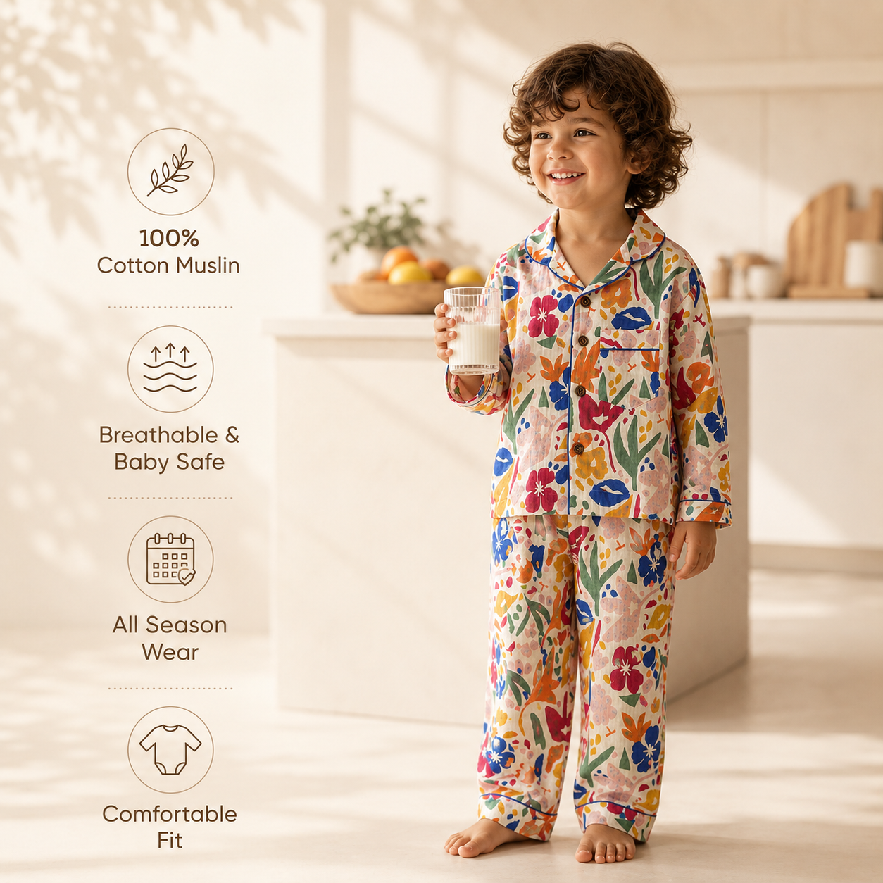 Unisex Crinkle Muslin Night Suit - Painted Garden
