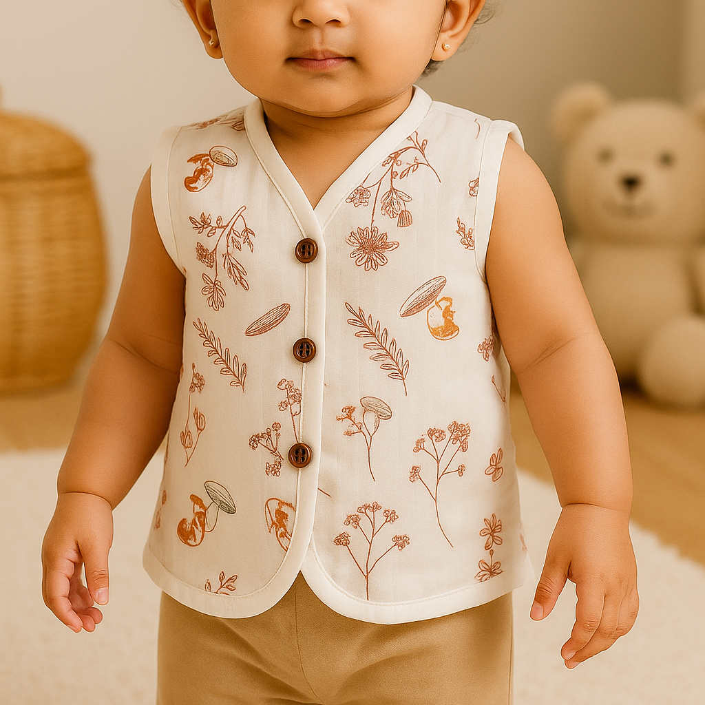 Child wearing a white vest with floral patterns and brown pants, standing in a room with a teddy bear in the background.
