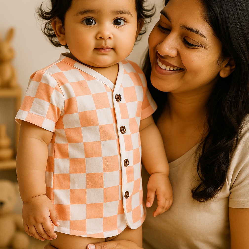 Woman holding a child wearing a checkered shirt indoors