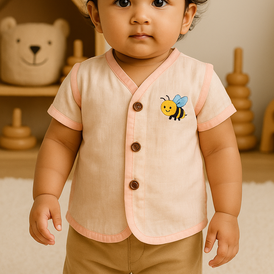 Child wearing a light pink shirt with a bee design and brown pants in a room with toys.