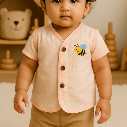Child wearing a light pink shirt with a bee design and brown pants in a room with toys.