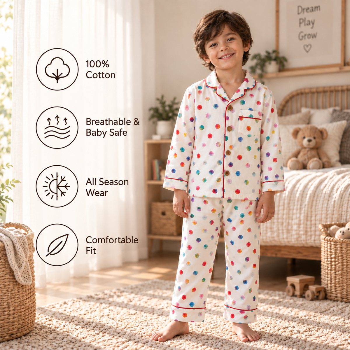 Bamboo Cotton Night Suit - Rainbow Dot