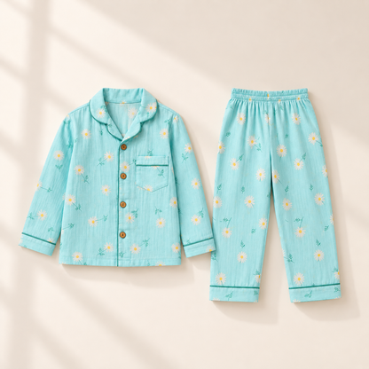 Bamboo Cotton Night Suit - Aqua Daisy