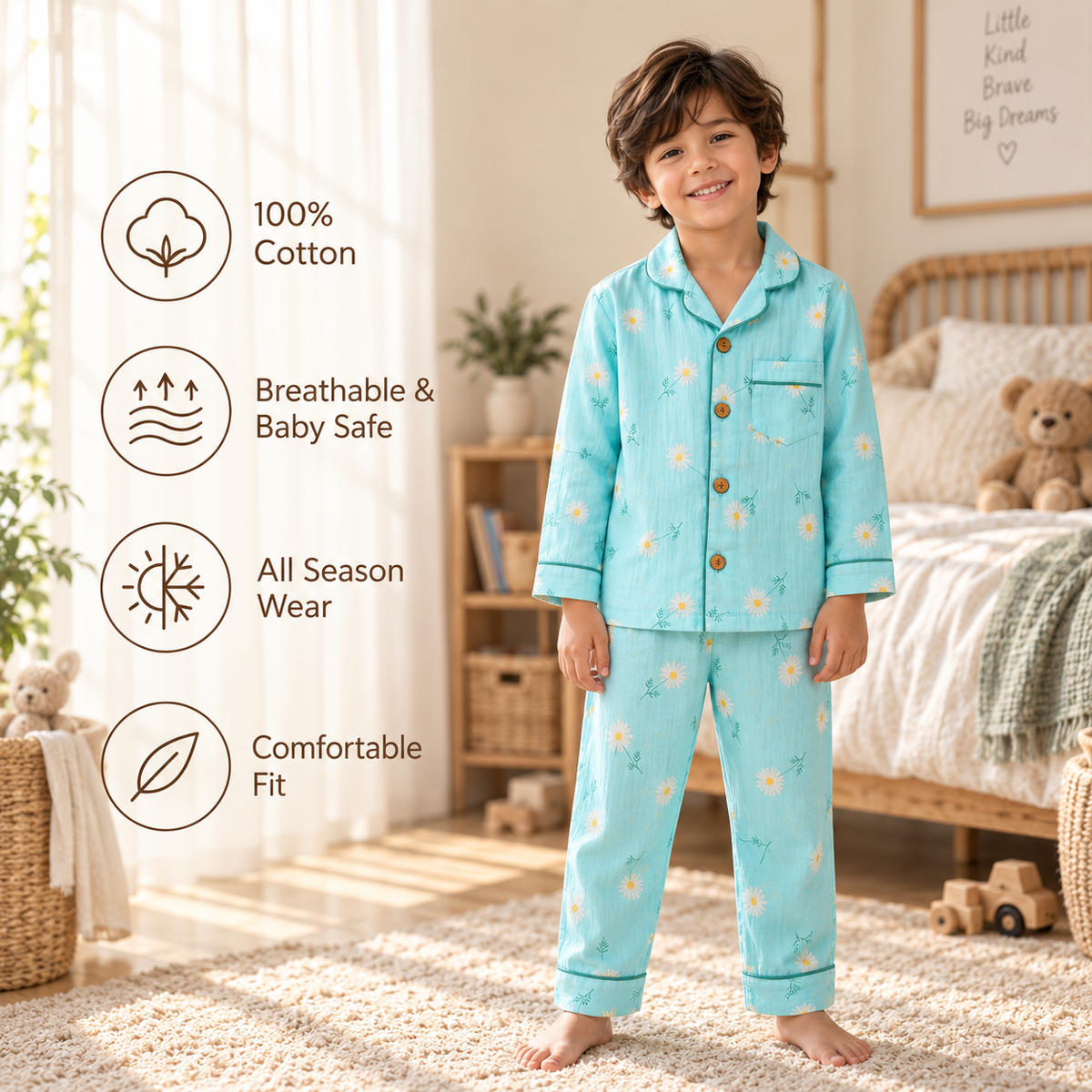 Bamboo Cotton Night Suit - Aqua Daisy