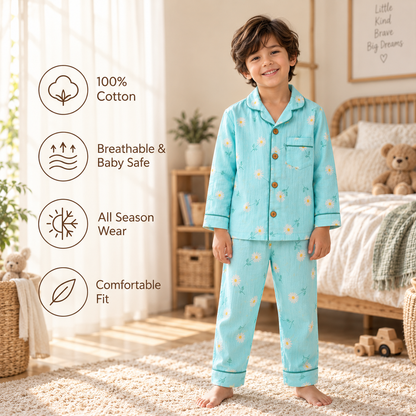 Bamboo Cotton Night Suit - Aqua Daisy