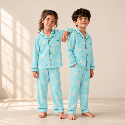 Bamboo Cotton Night Suit - Aqua Daisy