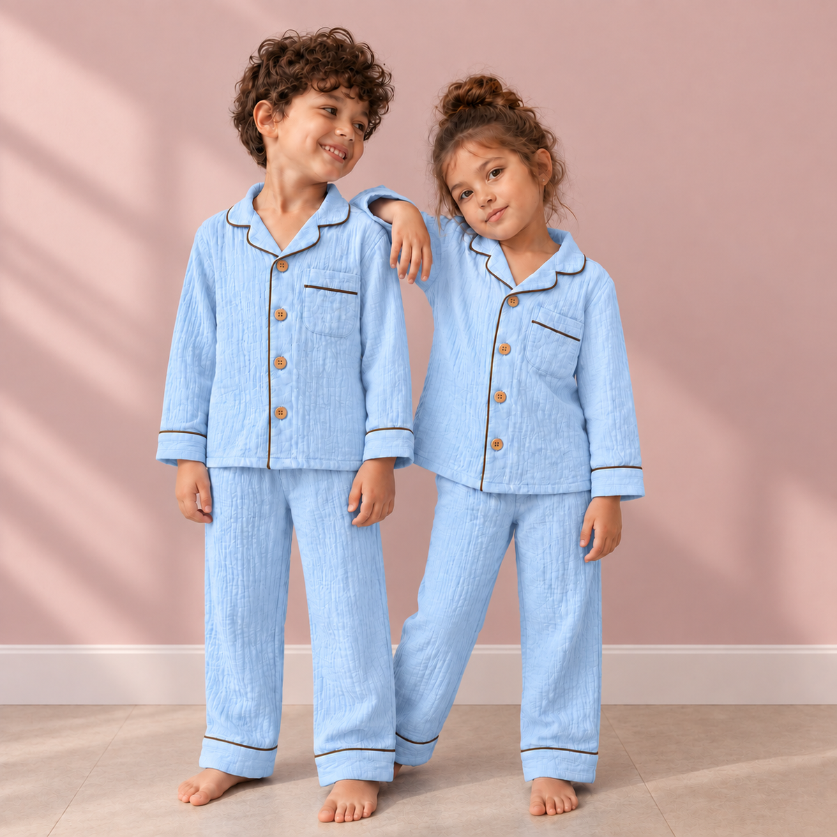 Unisex Crinkle Muslin Night Suit - Dusky Blue