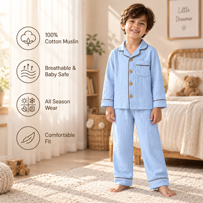 Unisex Crinkle Muslin Night Suit - Dusky Blue
