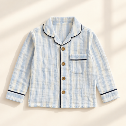 Unisex Crinkle Muslin Night Suit - Sky & Cream