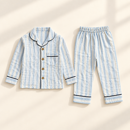 Unisex Crinkle Muslin Night Suit - Sky & Cream