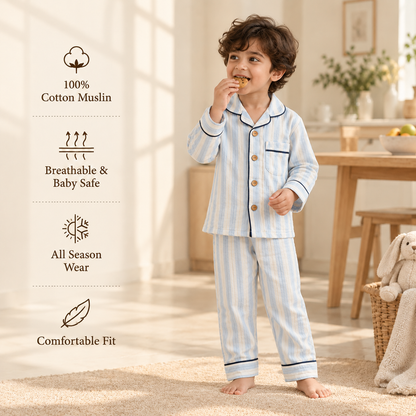 Unisex Crinkle Muslin Night Suit - Sky & Cream