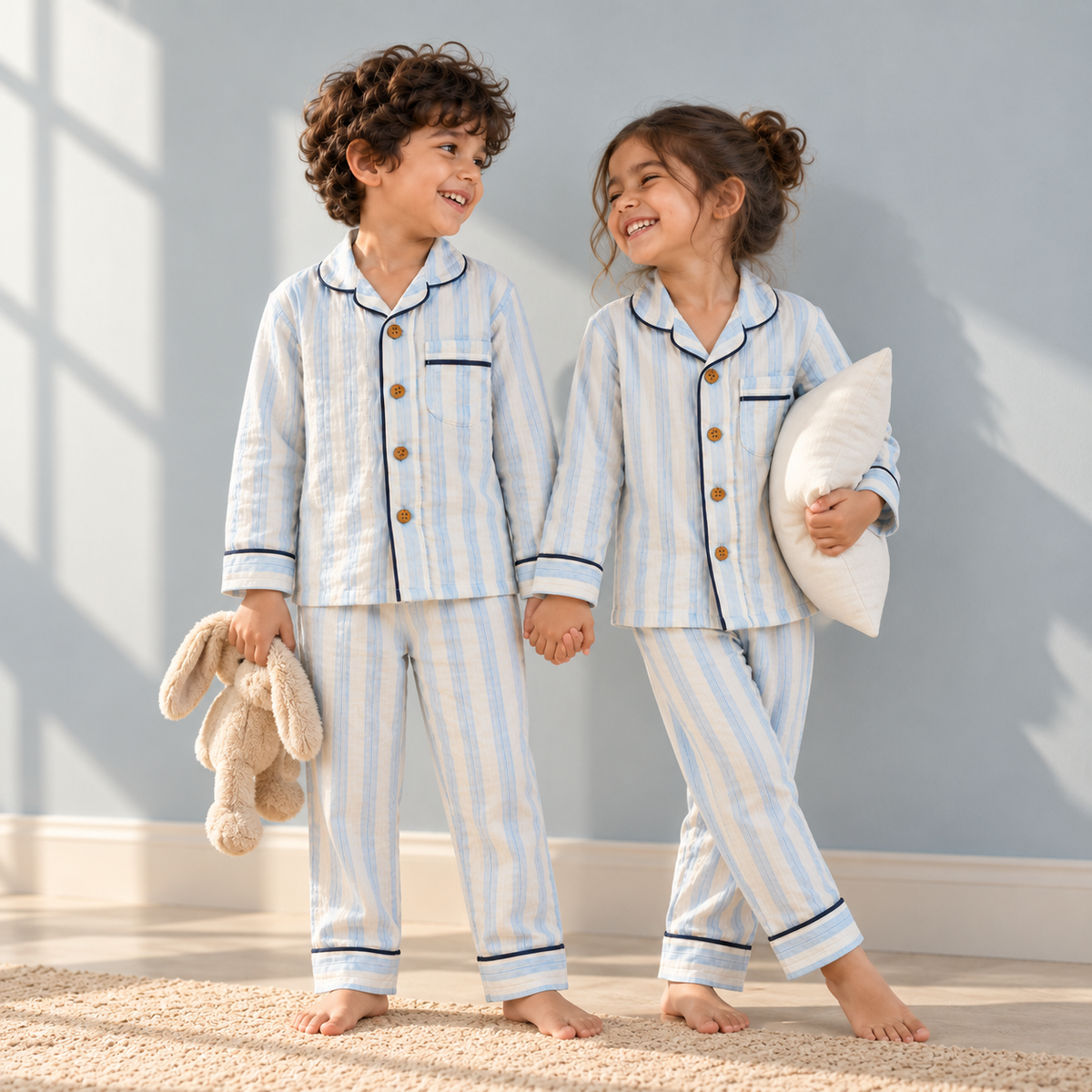 Unisex Crinkle Muslin Night Suit - Sky & Cream