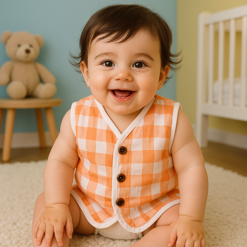 Organic Muslin Sleevless Jabla - Peach Gingham