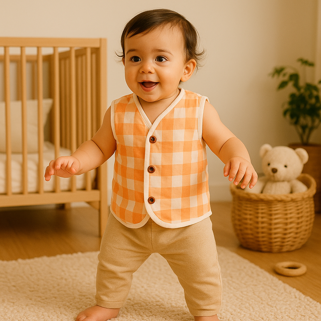 Organic Muslin Sleevless Jabla - Peach Gingham