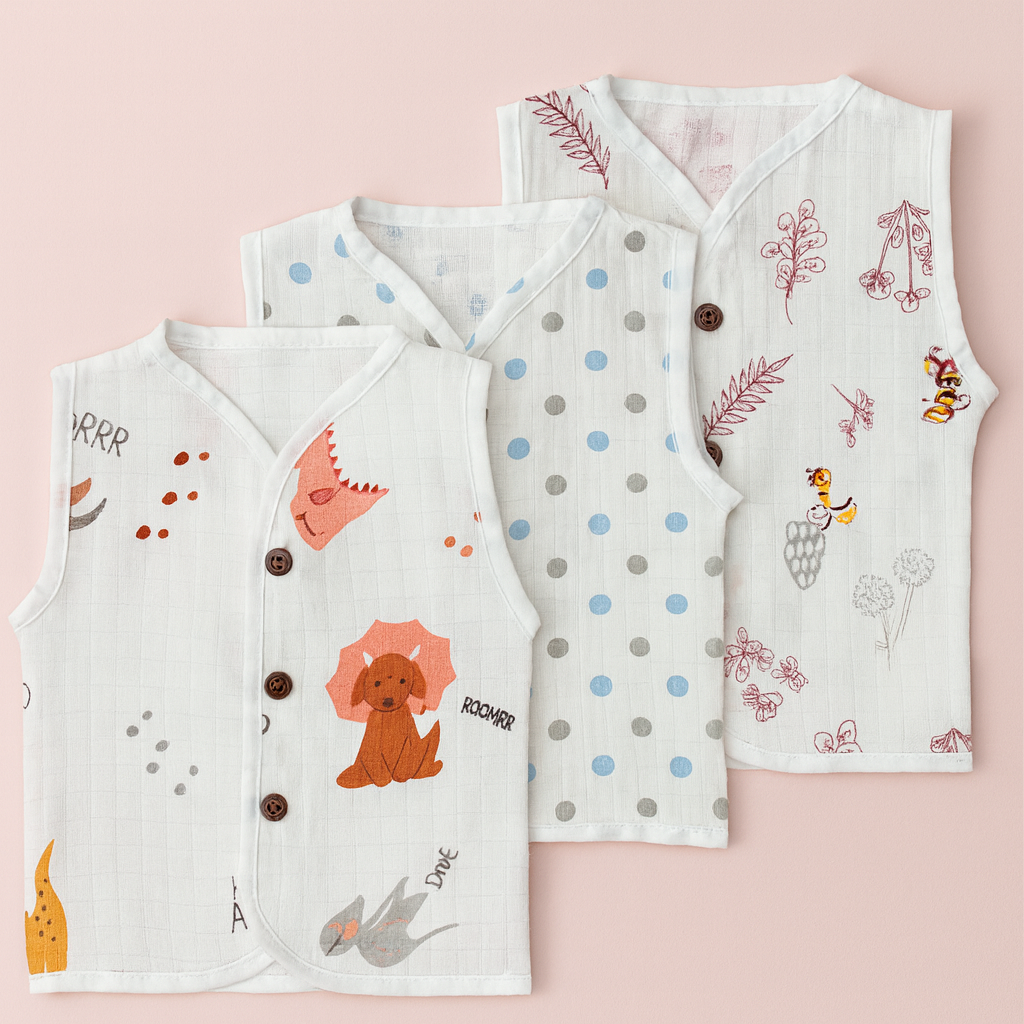 3pcs - Organic muslin sleeve less jabla- Pastel Pack