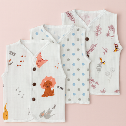 3pcs - Organic muslin sleeve less jabla- Pastel Pack