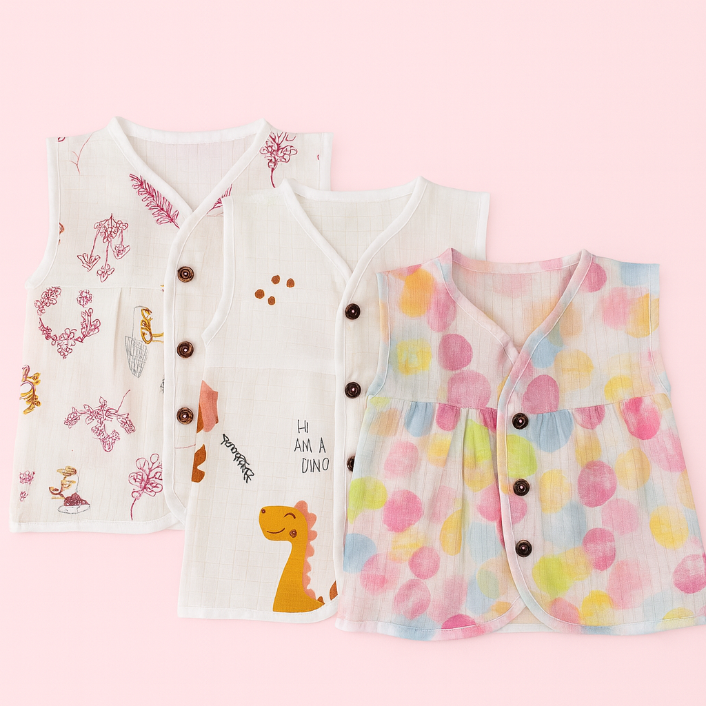 3pcs - Organic Muslin Frock Jabla- Forest combo