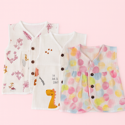 3pcs - Organic Muslin Frock Jabla- Forest combo