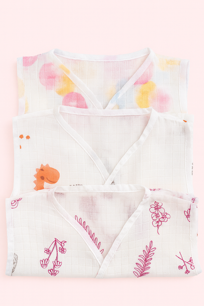 3pcs - Organic Muslin Frock Jabla- Forest combo