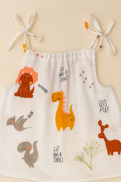 Tiny Dino- Organic Muslin Knot Frock.