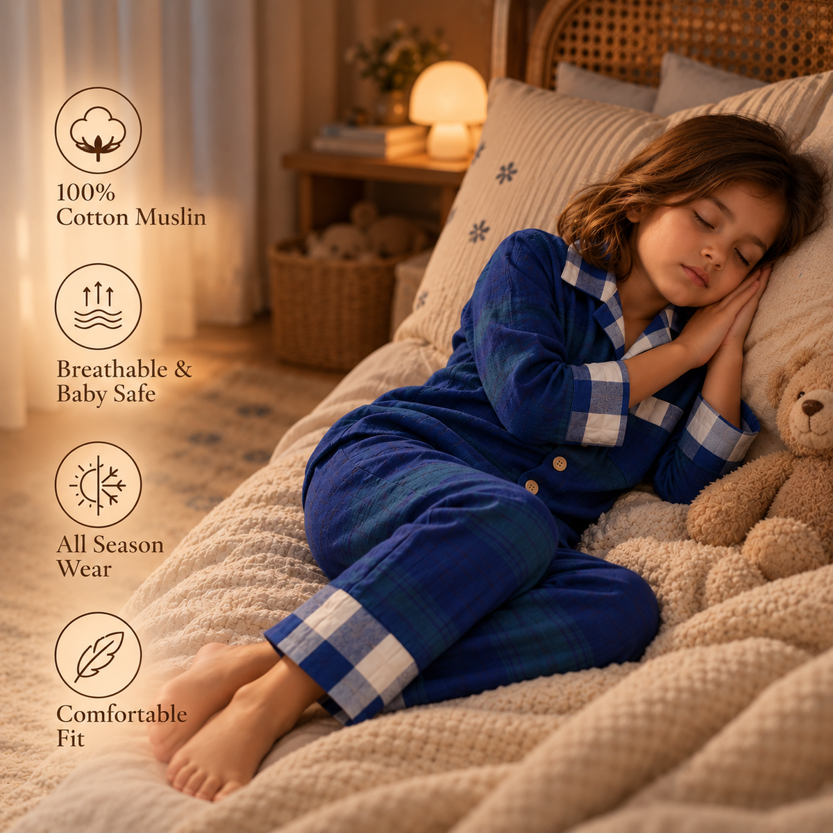 Unisex Muslin Cotton Night Suit - Deep Sea