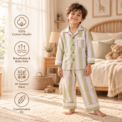 Unisex Crinkle Muslin Night Suit - Sage Blush