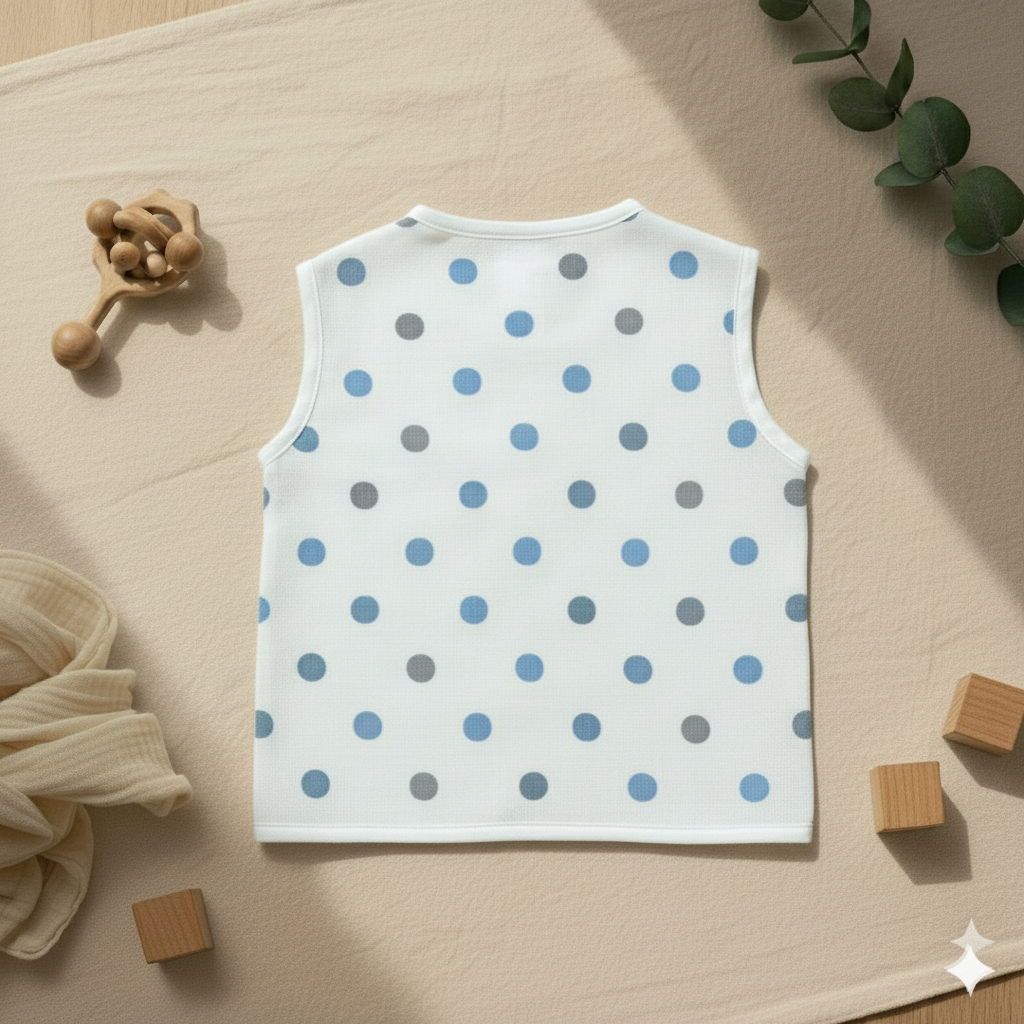 White sleeveless shirt with blue and gray polka dots on a beige surface with toys.
