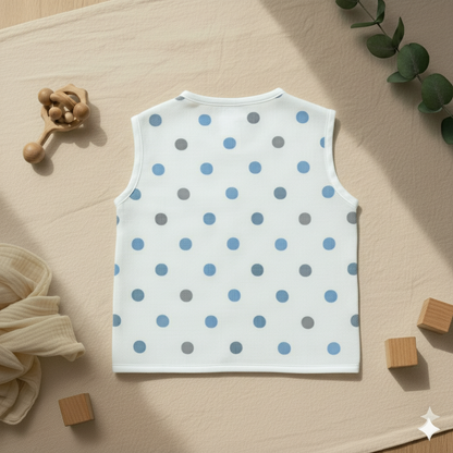 White sleeveless shirt with blue and gray polka dots on a beige surface with toys.
