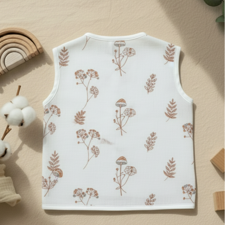 Baby vest with floral pattern on a wooden surface with cotton and wooden toys.