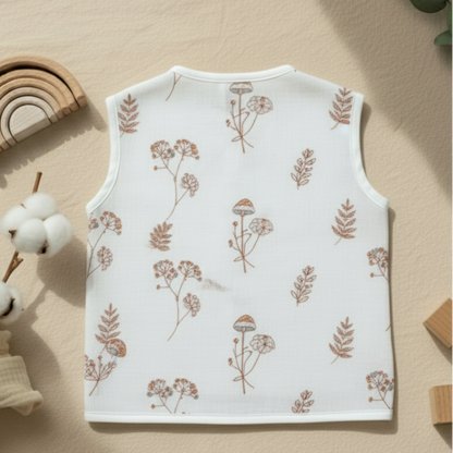 Baby vest with floral pattern on a wooden surface with cotton and wooden toys.
