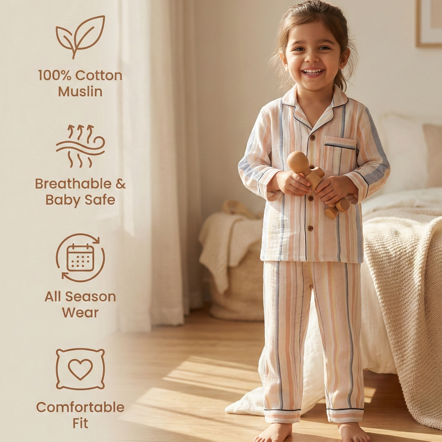 Unisex Crinkle Muslin Night Suit - Stripped
