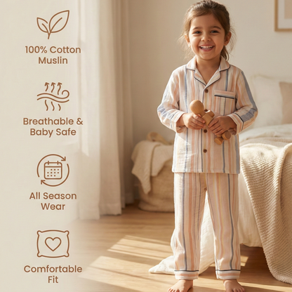 Unisex Crinkle Muslin Night Suit - Stripped