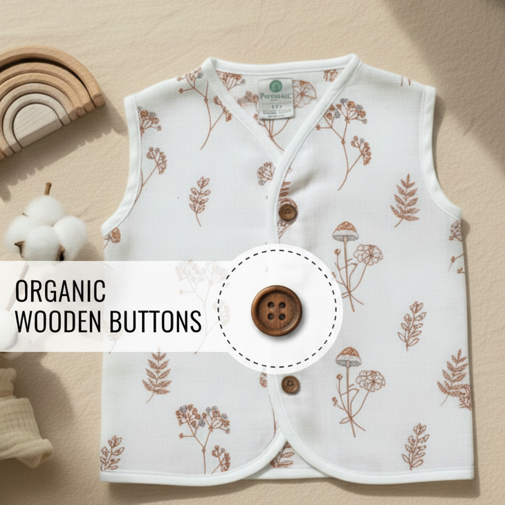 Baby vest with organic wooden buttons on a light wooden surface