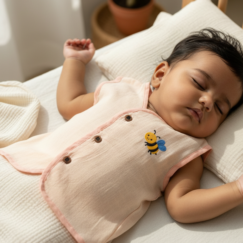 Baby sleeping on a pillow with a bee design, wearing a pink outfit.