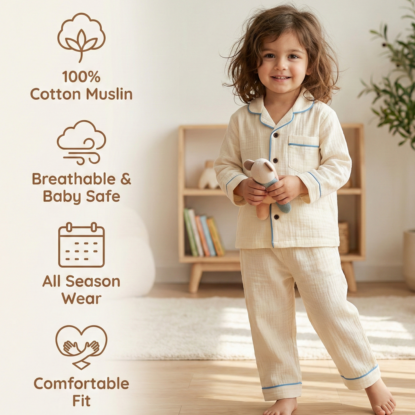 Unisex Soft Crinkle Muslin Night Suit - Butter Yellow